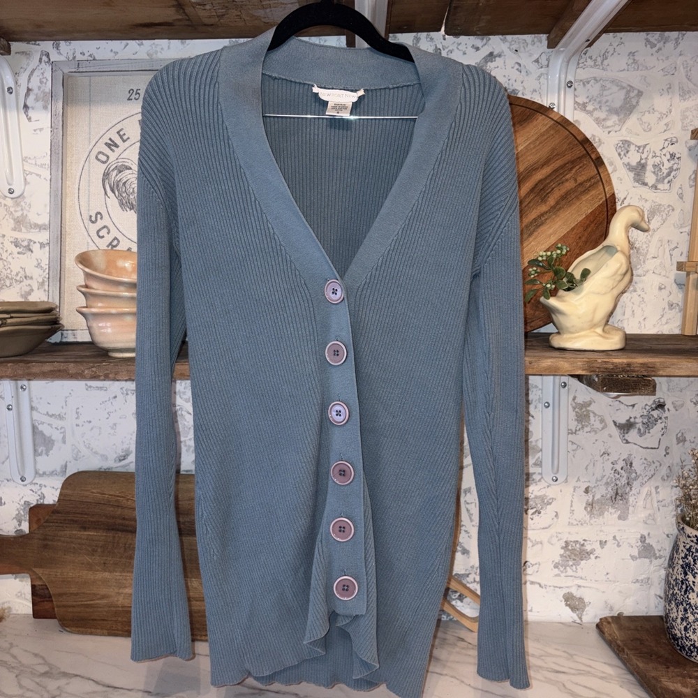 100% Cotton Newport News Ribbed Long Grandma Cardigan Y2K Buttons Women's Size S